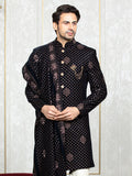 Navy Blue Velvet Embroidered Sherwani Set with Dupatta