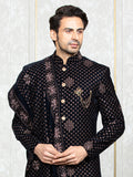 Navy Blue Velvet Embroidered Sherwani Set with Dupatta