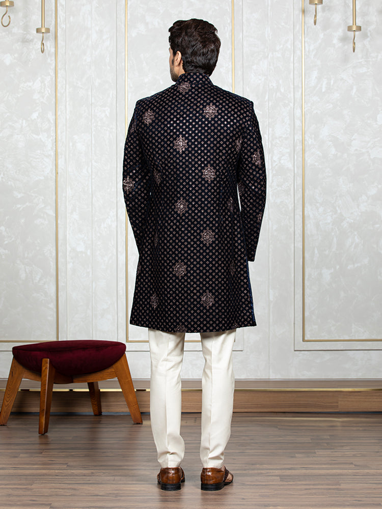 Navy Blue Velvet Embroidered Sherwani Set with Dupatta