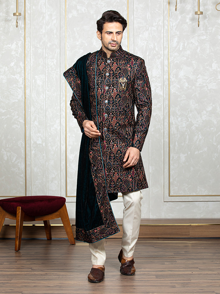 Rama Green Velvet Embroidered Sherwani Set