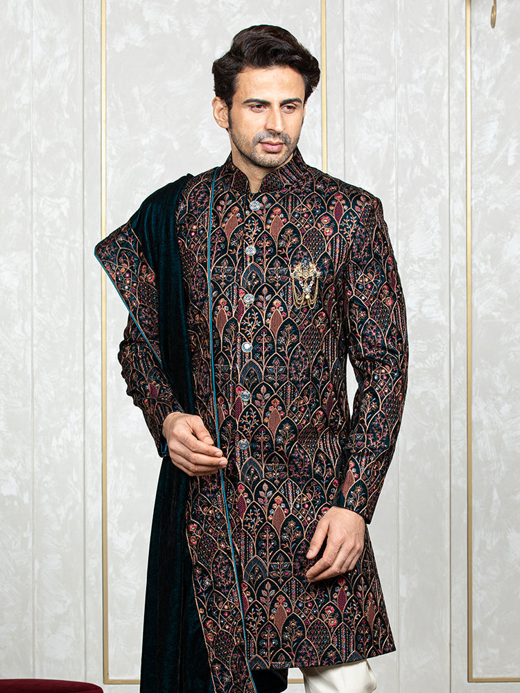 Rama Green Velvet Embroidered Sherwani Set