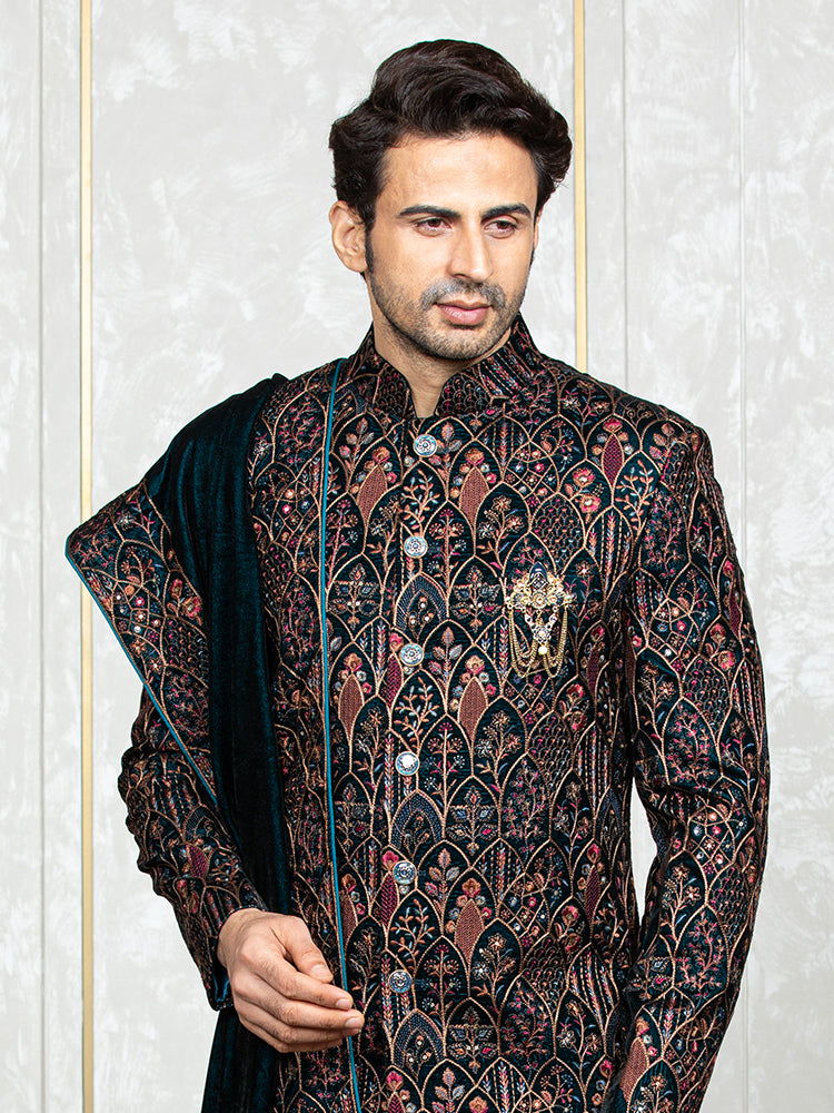 Rama Green Velvet Embroidered Sherwani Set