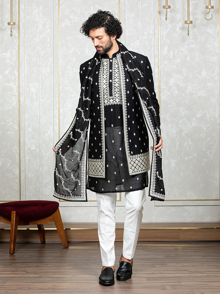 Black Fire Silk Embroidered Long Jacket Set with Dupatta