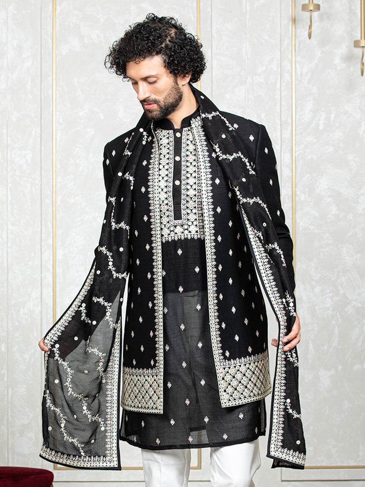 Black Fire Silk Embroidered Long Jacket Set with Dupatta