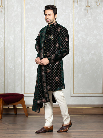 Green Velvet Embroidered Sherwani Set with Dupatta