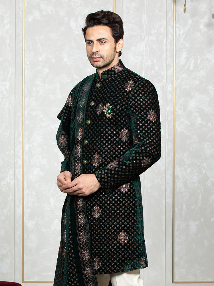 Green Velvet Embroidered Sherwani Set with Dupatta