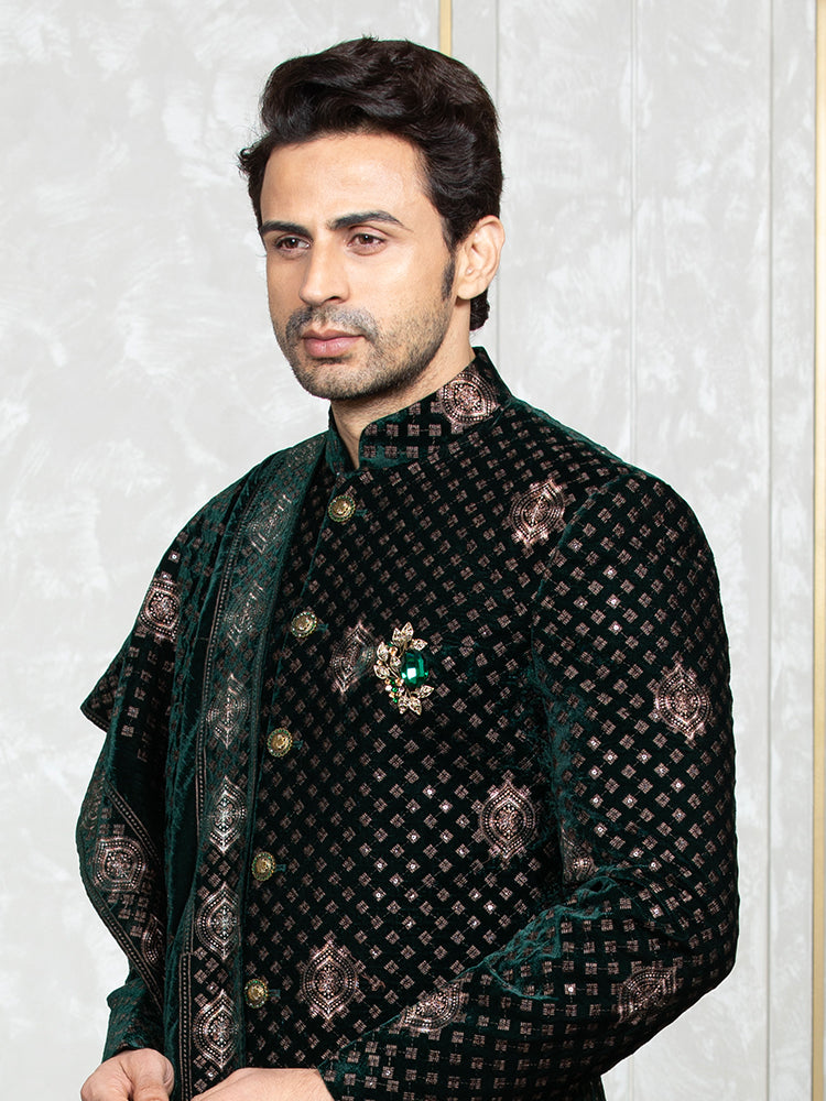 Green Velvet Embroidered Sherwani Set with Dupatta