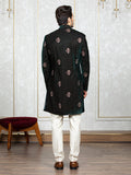 Green Velvet Embroidered Sherwani Set with Dupatta