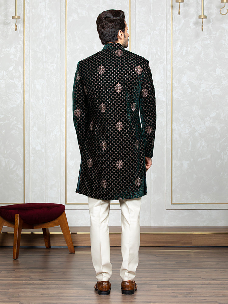 Green Velvet Embroidered Sherwani Set with Dupatta