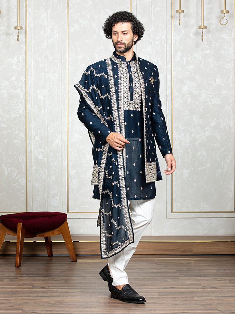 Navy Blue Fire Silk Embroidered Long Jacket Set with Dupatta