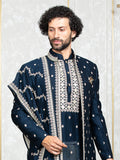 Navy Blue Fire Silk Embroidered Long Jacket Set with Dupatta