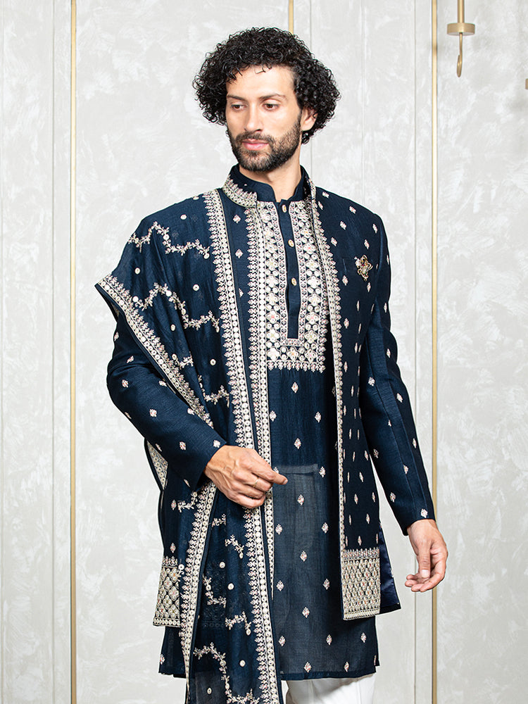 Navy Blue Fire Silk Embroidered Long Jacket Set with Dupatta