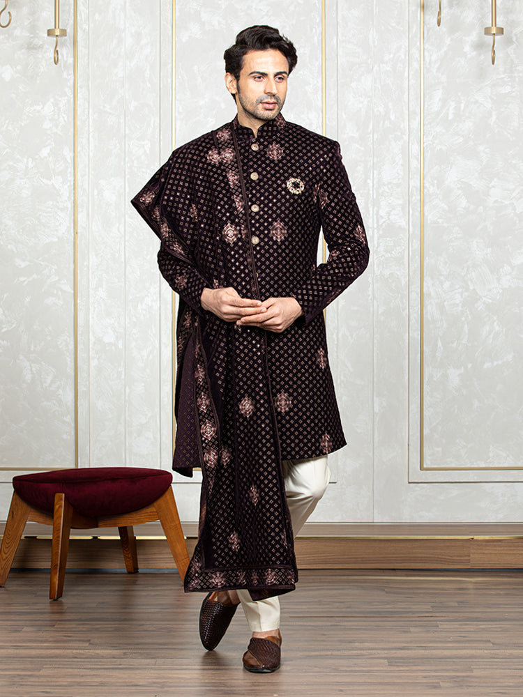 Wine Velvet Embroidered Sherwani Set with DupattaWine Velvet Embroidered Sherwani Set with Dupatta