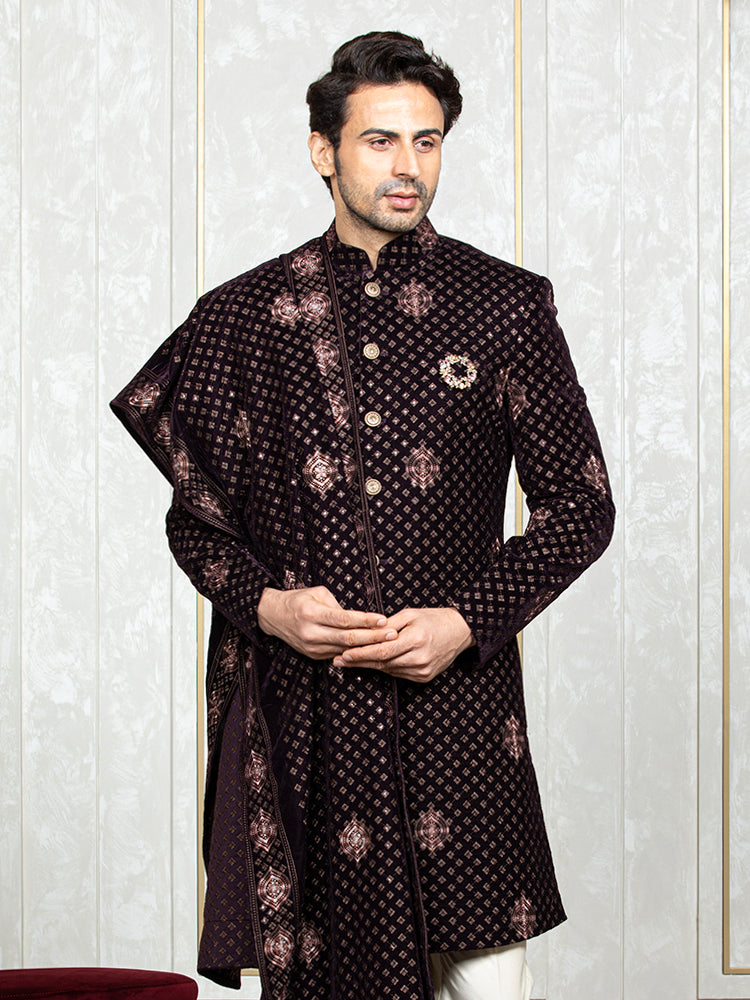 Wine Velvet Embroidered Sherwani Set with DupattaWine Velvet Embroidered Sherwani Set with Dupatta