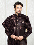 Wine Velvet Embroidered Sherwani Set with Dupatta