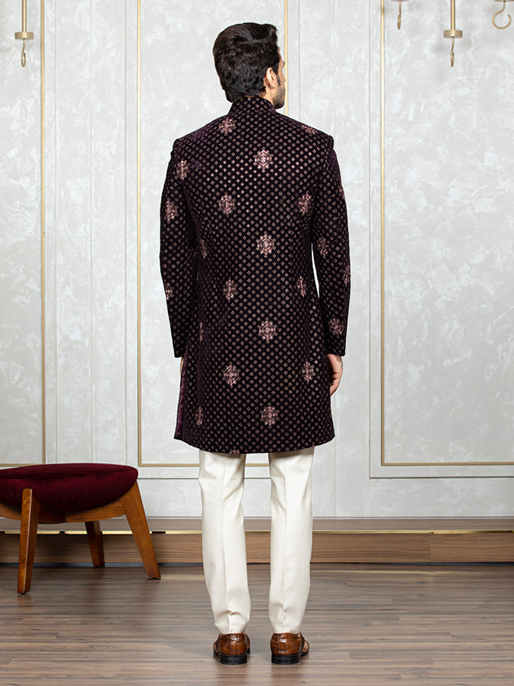 Wine Velvet Embroidered Sherwani Set with Dupatta