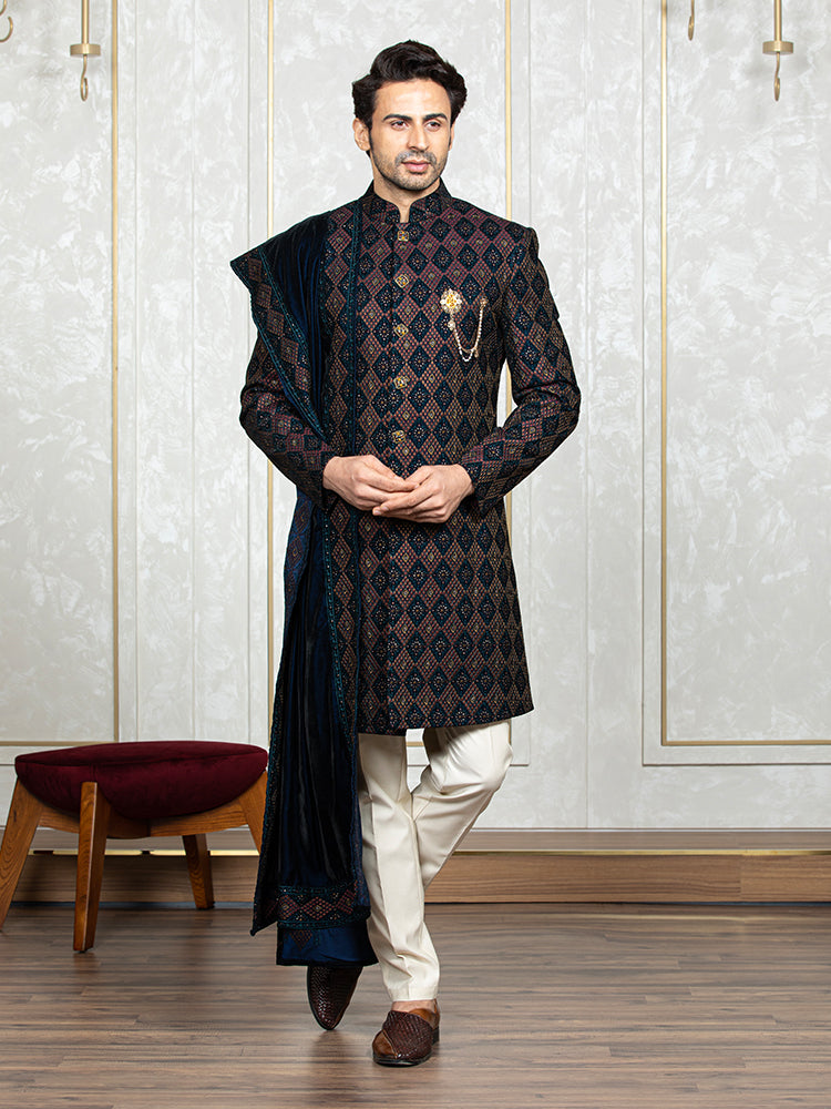 Mustard Velvet Embroidered Sherwani Set with Dupatta