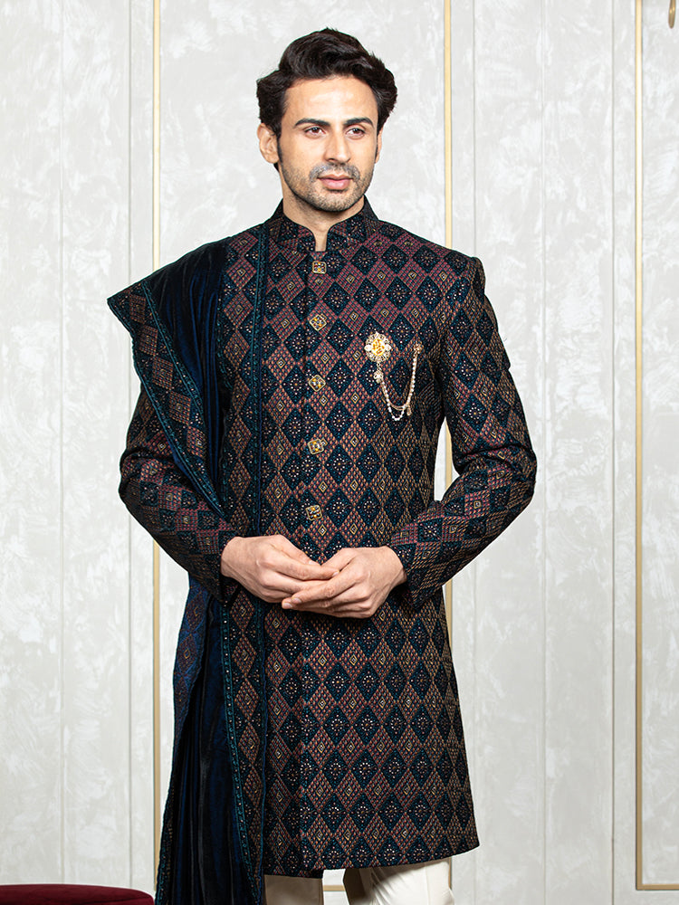 Mustard Velvet Embroidered Sherwani Set with Dupatta