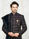 Mustard Velvet Embroidered Sherwani Set with Dupatta