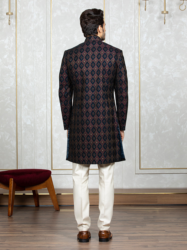 Mustard Velvet Embroidered Sherwani Set