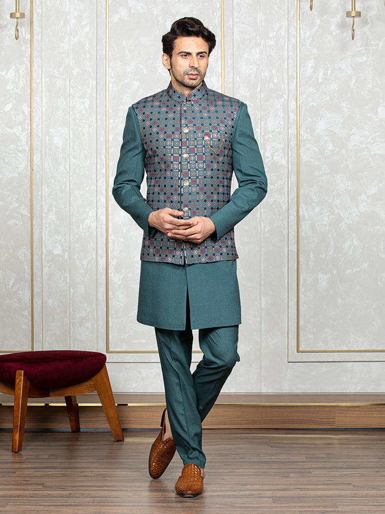 Ferozi Green Cybro Georgette Embroidered Nehru Jacket Set