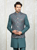 Ferozi Green Cybro Georgette Embroidered Nehru Jacket Set