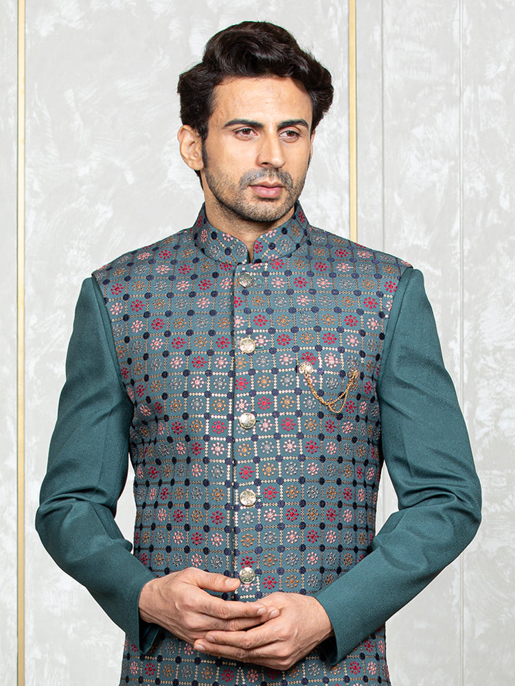 Ferozi Green Cybro Georgette Embroidered Nehru Jacket Set