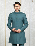 Ferozi Green Cybro Georgette Embroidered Nehru Jacket Set