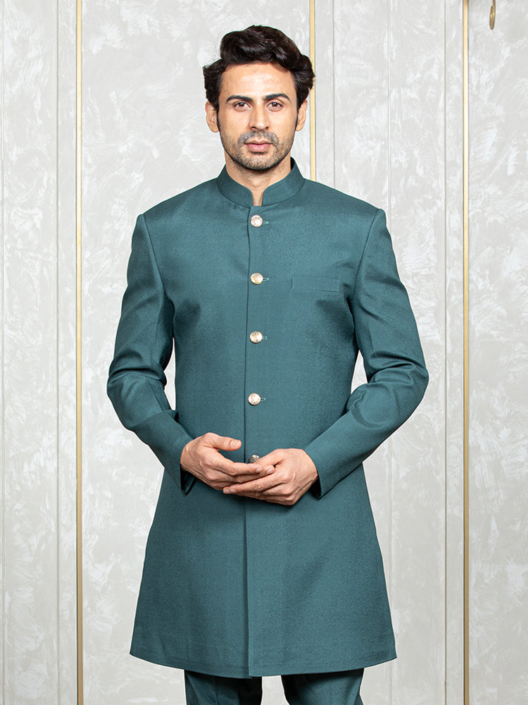 Ferozi Green Cybro Georgette Embroidered Nehru Jacket Set