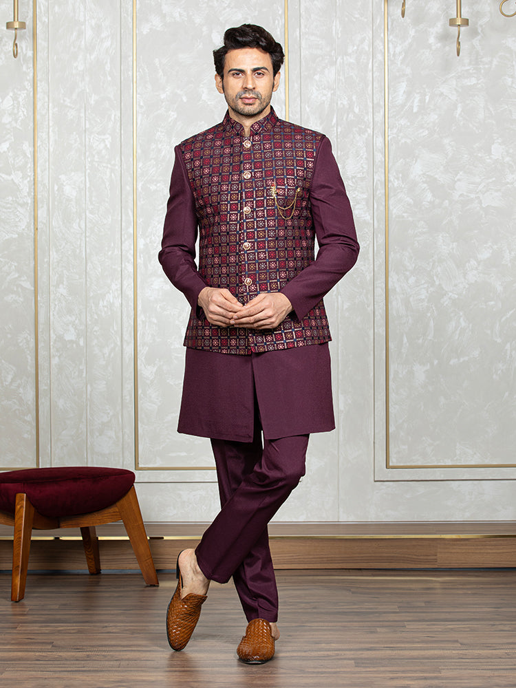 Wine Cybro Georgette Embroidered Nehru Jacket Set