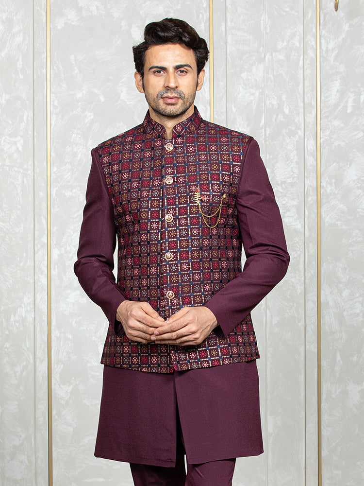 Wine Cybro Georgette Embroidered Nehru Jacket Set