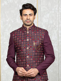 Wine Cybro Georgette Embroidered Nehru Jacket Set