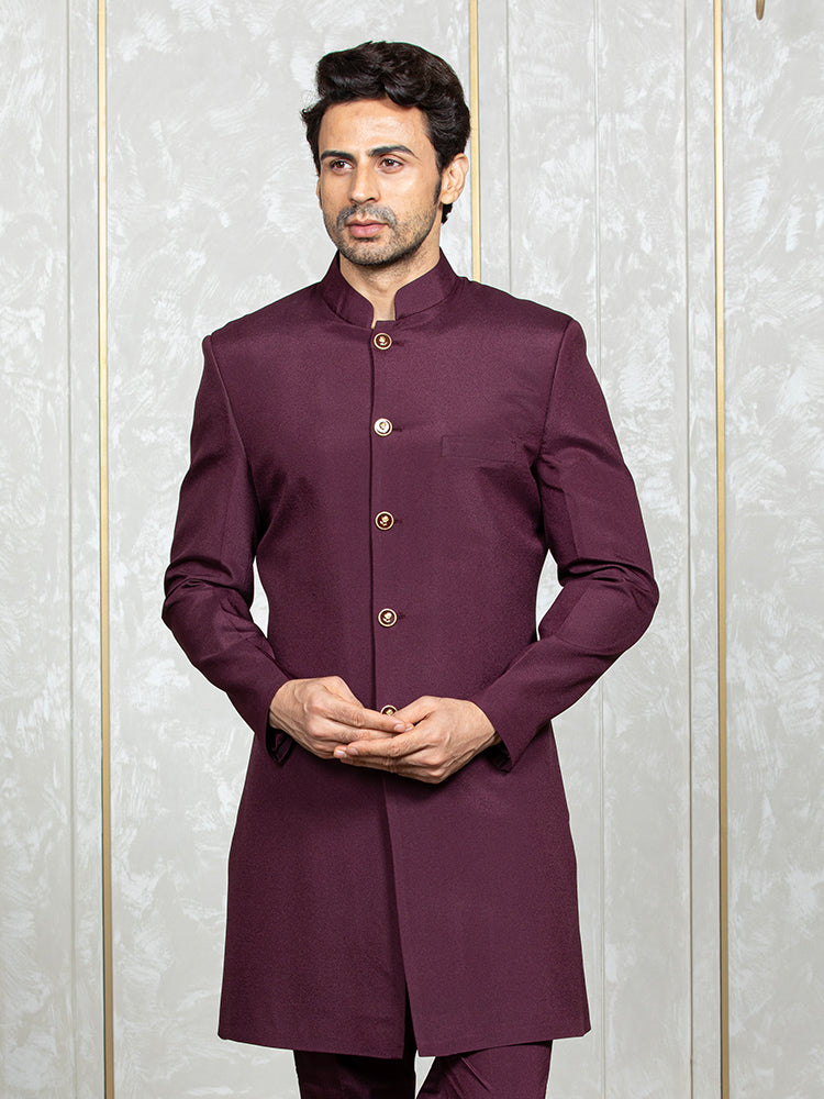 Wine Cybro Georgette Embroidered Nehru Jacket Set