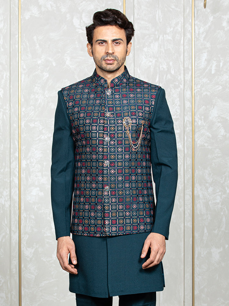 Teal Blue Cybro Georgette Embroidered Nehru Jacket Set