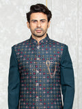 Teal Blue Cybro Georgette Embroidered Nehru Jacket Set