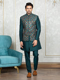 Rama Green Russian Silk Embroidered Nehru Jacket Set