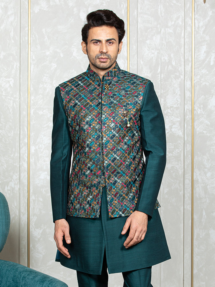Rama Green Russian Silk Embroidered Nehru Jacket Set