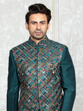 Rama Green Russian Silk Embroidered Nehru Jacket Set