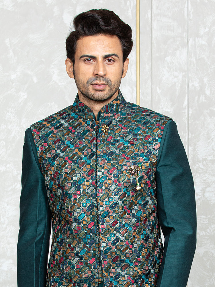 Rama Green Russian Silk Embroidered Nehru Jacket Set