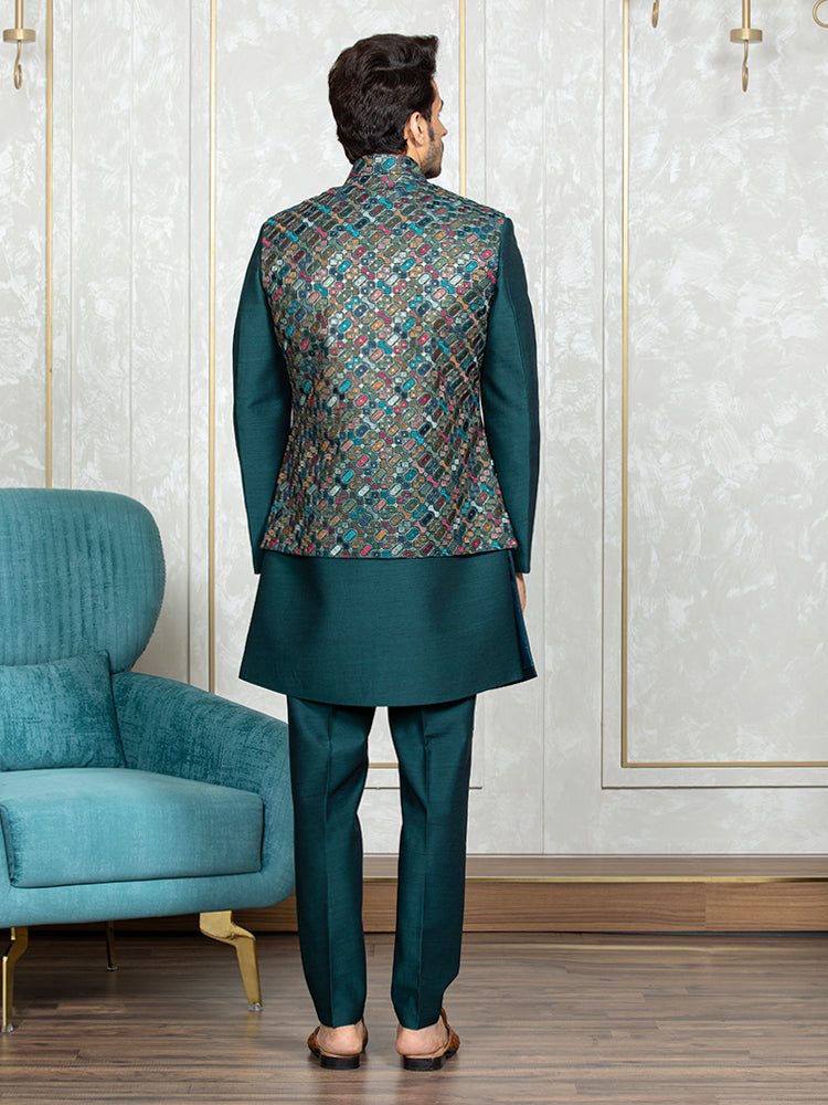 Rama Green Russian Silk Embroidered Nehru Jacket Set