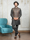 Steel Grey Russian Silk Embroidered Nehru Jacket Set