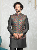 Steel Grey Russian Silk Embroidered Nehru Jacket Set