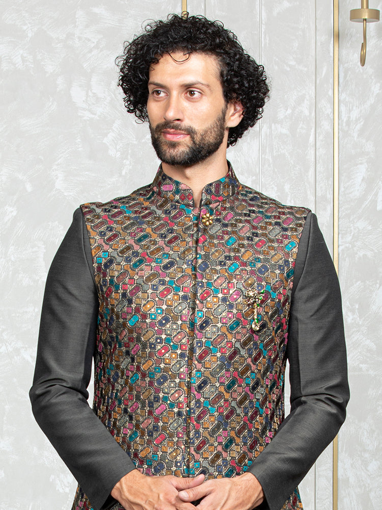 Steel Grey Russian Silk Embroidered Nehru Jacket Set