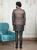 Steel Grey Russian Silk Embroidered Nehru Jacket Set