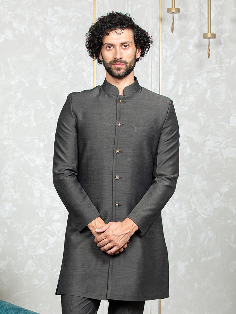 Steel Grey Russian Silk Embroidered Nehru Jacket Set