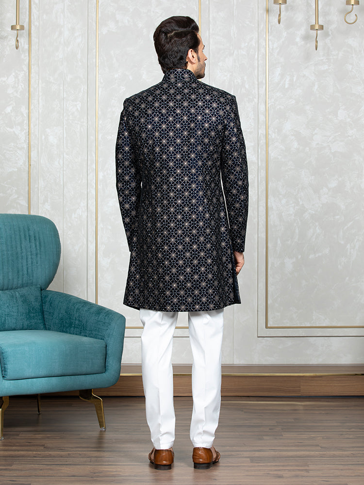 Grey Velvet Embroidered Sherwani Set