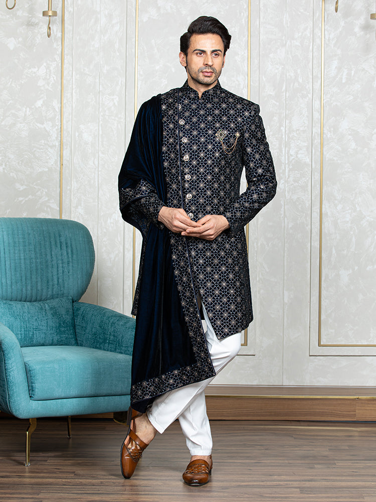 Grey Velvet Embroidered Sherwani Set with Dupatta