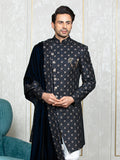 Grey Velvet Embroidered Sherwani Set with Dupatta