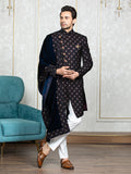 Wine Velvet Embroidered Sherwani Set with Dupatta