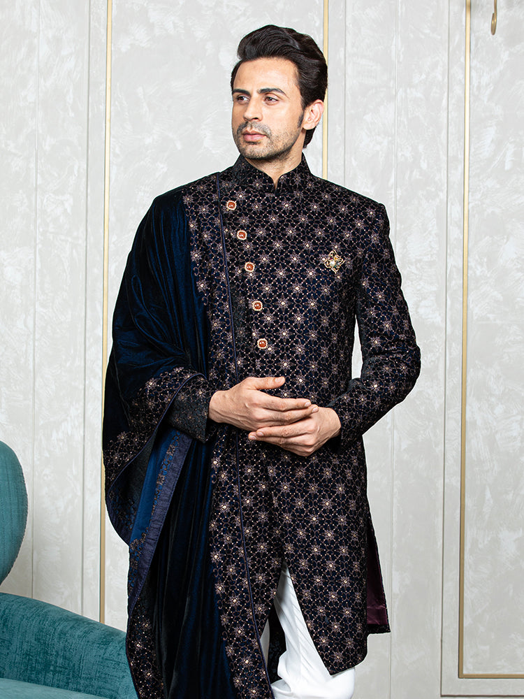 Wine Velvet Embroidered Sherwani Set with Dupatta